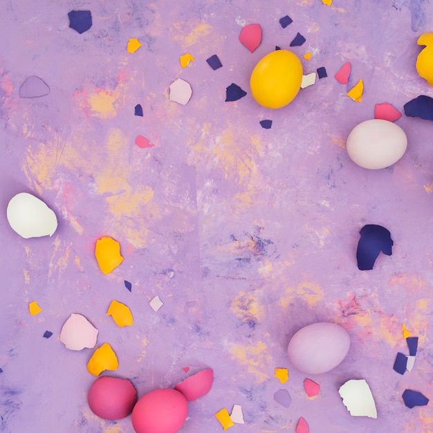 Top view of different colored eggs and scattered eggshell  on abstract background.