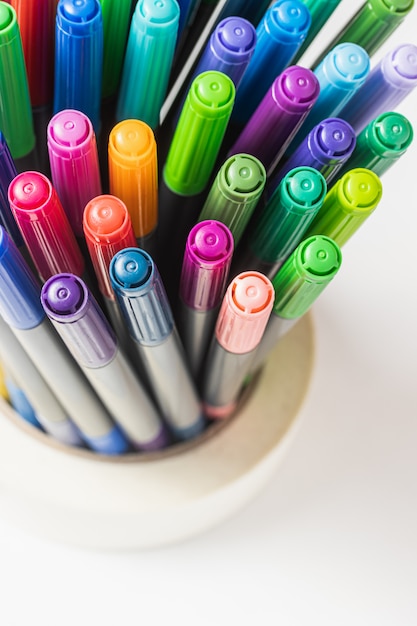 Top view of different colored markers. Close-up Markers of many colors.