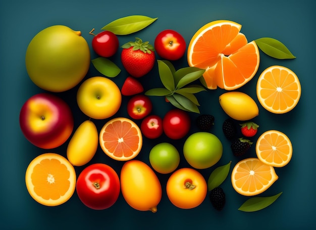 Top View of Different Fresh Fruits Apples Pears Plums Oranges Strawberries Ai Generated Art Work