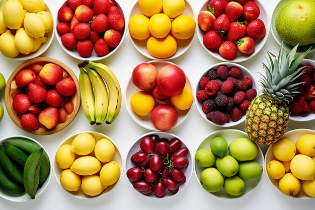 Top view different fresh fruits inside plates on white background tropical ripe diet exotic healthy