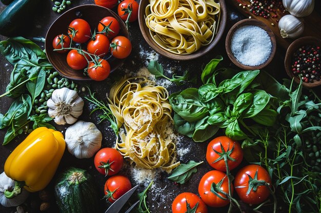 Top view different fresh vegetables with italian pasta and seasonings on dark space