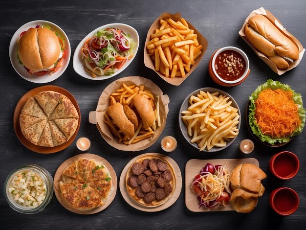 Top view of different kind of fast food