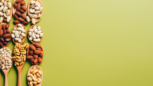 Photo top view of different nuts with seeds in bowl on green background