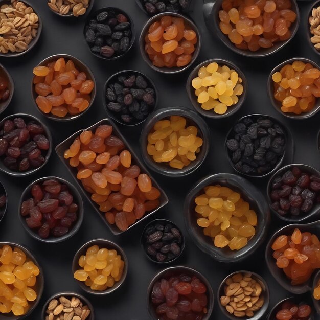 Top view different raisins inside little pots on dark space