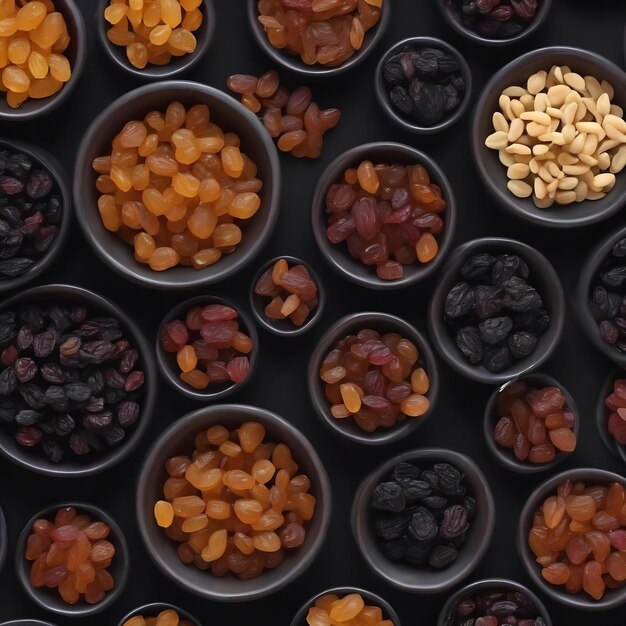 Top view different raisins inside little pots on dark space