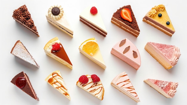 Верхний вид различных кусочков различных пирогов, делающих один целый торт Верхний вид на белом фоне