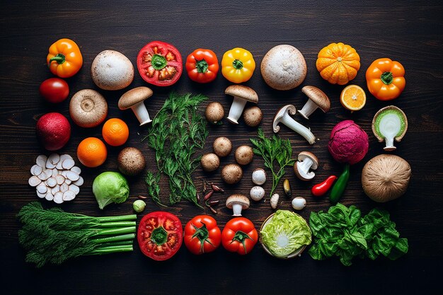 Photo over top view of different type of vegetables on dark board