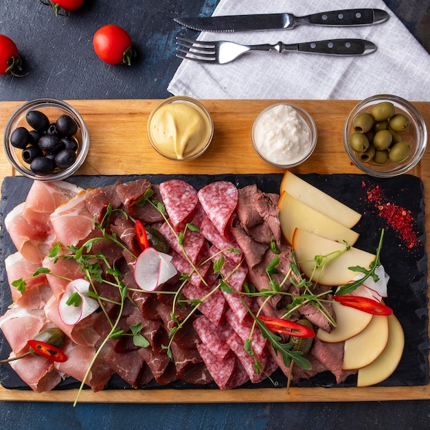 Top view of different types of sausages on wooden board