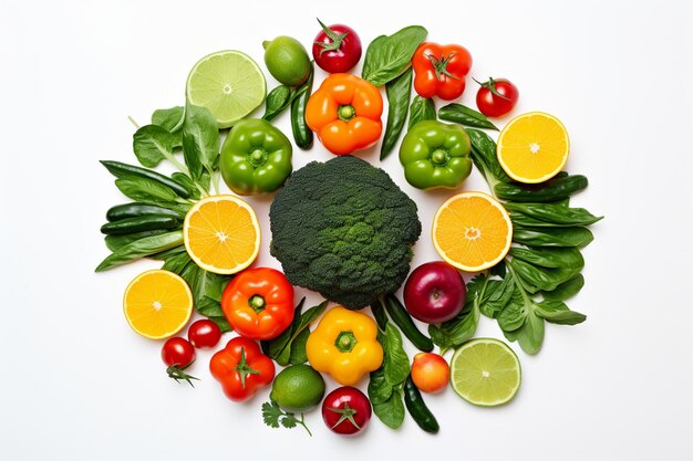 Photo top view different vegetables with fruits on a white background diet salad health ripe color ar c