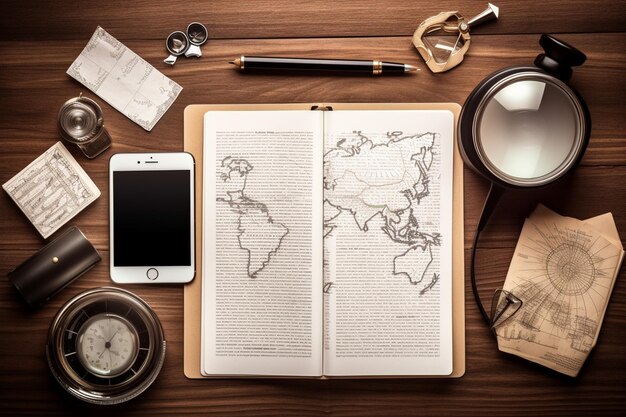 Top view of digital tablet cell phone magnifying glass and diary on map against wooden background