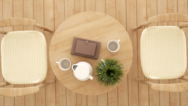 Вид сверху столовой в кафе или ресторане - 3D рендеринг