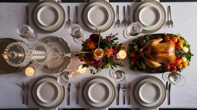 Photo top view dinner table arrangements