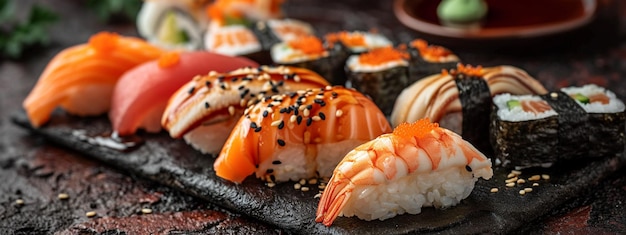 Top view of a dish of sushi rolls rolls Delicious appetizing sushi