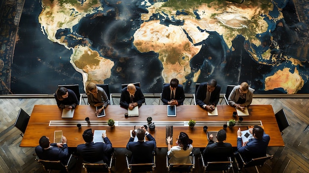 Верхний вид разнообразной группы бизнес-профессионалов, проводящих встречу вокруг большого конференц-стола в современном офисе с фреской с картой мира на
