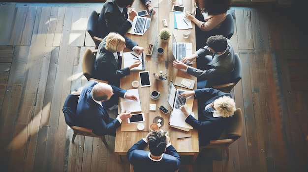 Top view of a diverse group of business professionals having a meeting around a wooden table