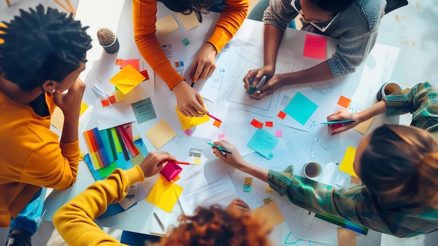 Photo top view of a diverse group of colleagues brainstorming ideas in a creative meeting