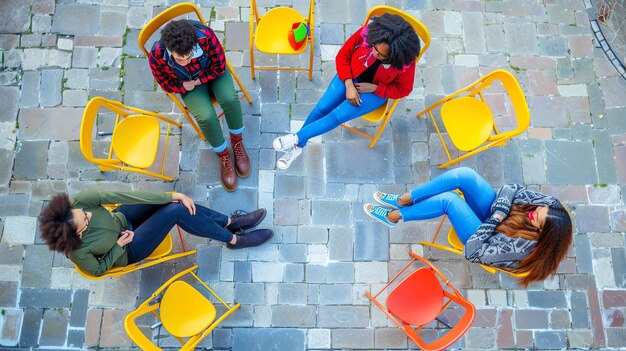 Top view of diverse group of young friends sitting in a circle on yellow chairs and talking They are wearing casual clothes and look relaxed