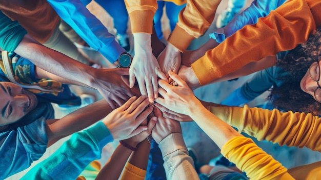 Top view of diverse hands united in a gesture of teamwork and unity