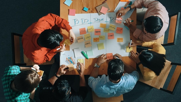 Top view of diverse people writing and making scrum task board Convocation