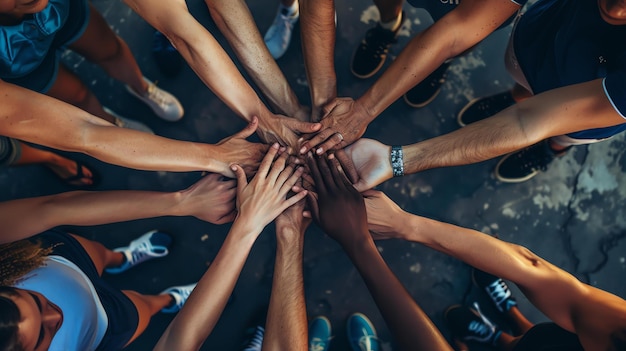 Photo top view of diverse unrecognizable people joining their hands together showing unity and teamwork