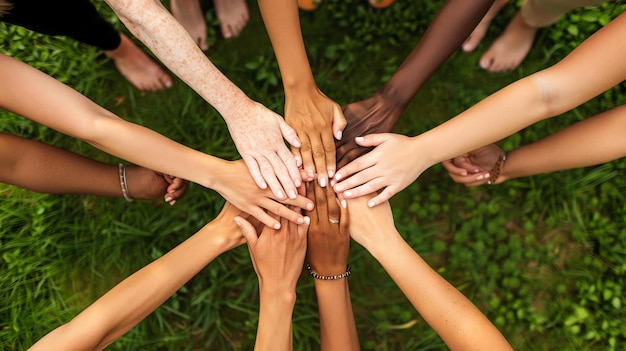 Вид с вершины разнообразных женщин, соединяющих руки на зеленом фоне травы Концепция единства, командной работы и силы девочек