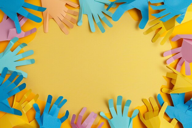 Top view diversity composition of different colored paper hands with copy space