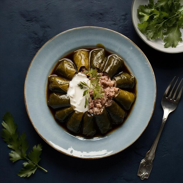 Foto vista dall'alto foglie d'uva dolma ripiene di carne e riso con salsa di crema acida