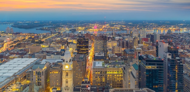 Top view of downtown skyline Philadelphia in Pennsylvania, USA at sunset