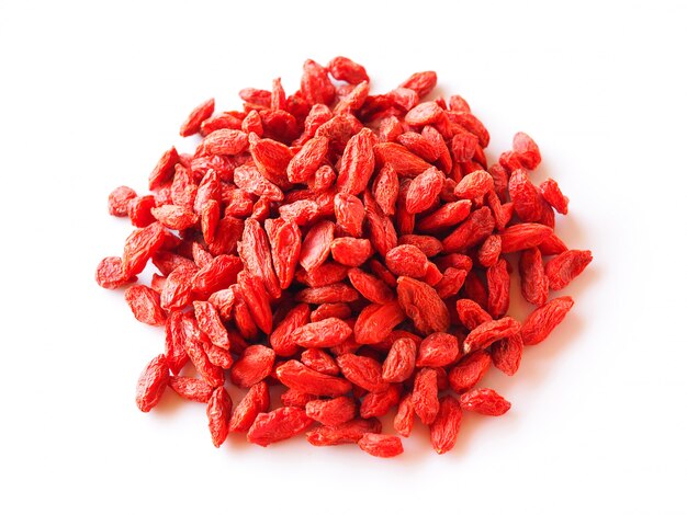 Top view of dried goji berries, red goji berry isolated.