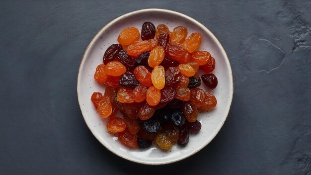 Top view of dried grape raisins inside plate on dark grey surface