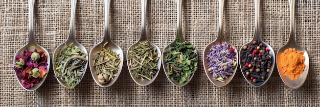 Top view of dried herbs in spoons