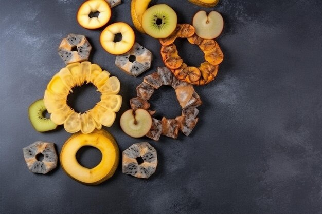 Photo top view dried pineapple rings with dried kiwis and apples on darkgrey surface