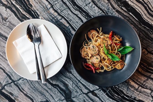 Top view of Dried Spaghetti Chili and Northern Thai Sausage Recipe 