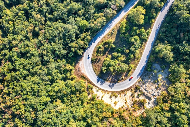 Top view drone shot of curve of the road in the pine woods in the mountain