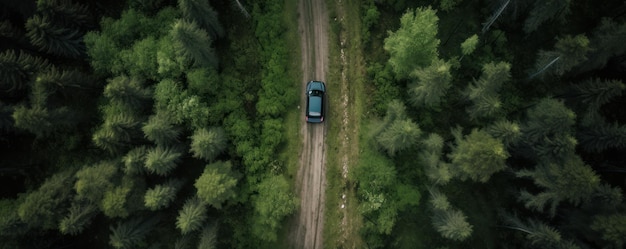 A top view drone shot of a red car on a winding road surrounded by lush greenery