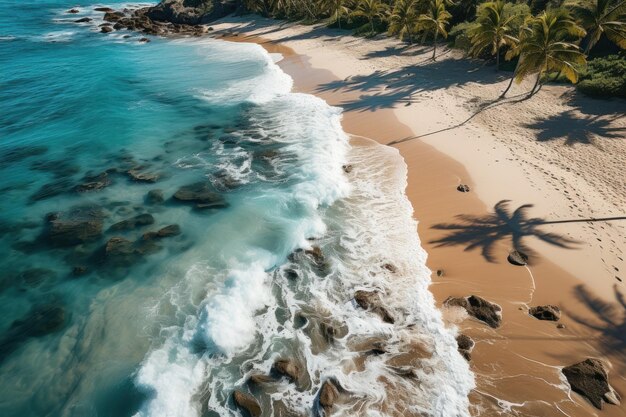 Top view of drone shot sandy beach palm leaves and waves landscapes