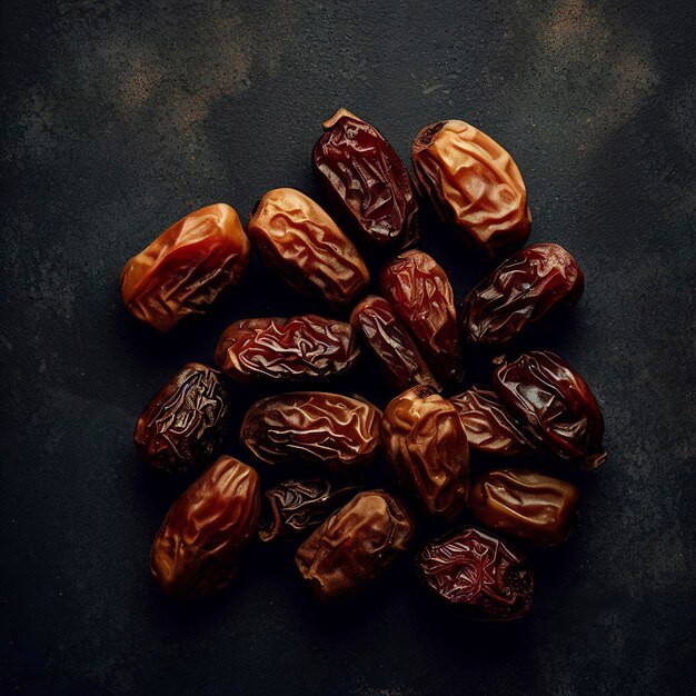 Top view of dry dates on dark background top view realism