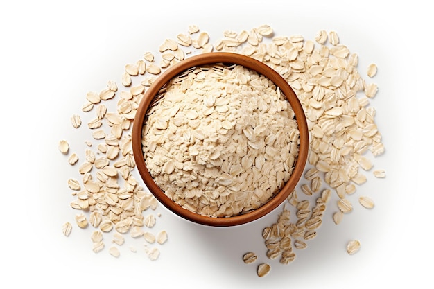 Top view of dry oat cereals in bowl on white background