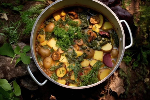 Top view of a dutch oven stew with herbs created with generative ai