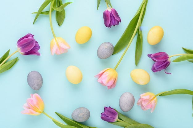 Top view Easter background of purple and pink tulips, pastel yellow, blue eggs on blue background, festive composition concept