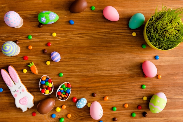 Top view of easter colored eggs