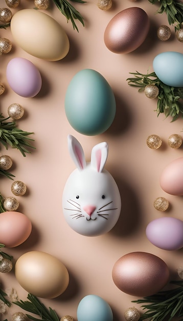 top view of easter eggs and bunny on beige background flat lay