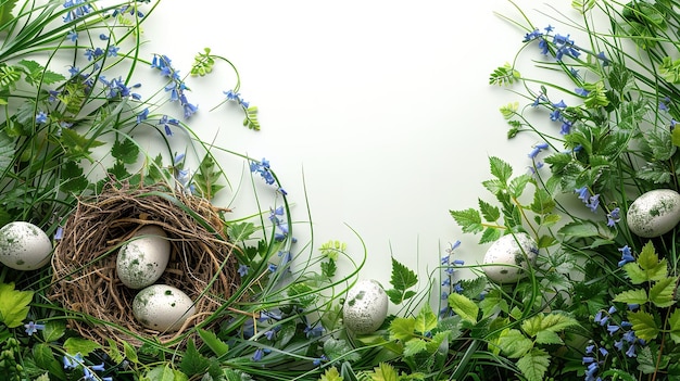 Top view of Easter eggs on nest with lots of plants around of it like a frame in a white surface with a big space Generative AI