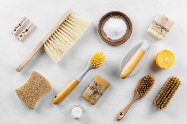 Photo top view of eco cleaning brushes with baking soda