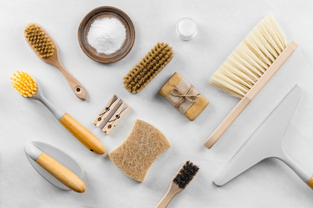 Top view of eco cleaning brushes with soap