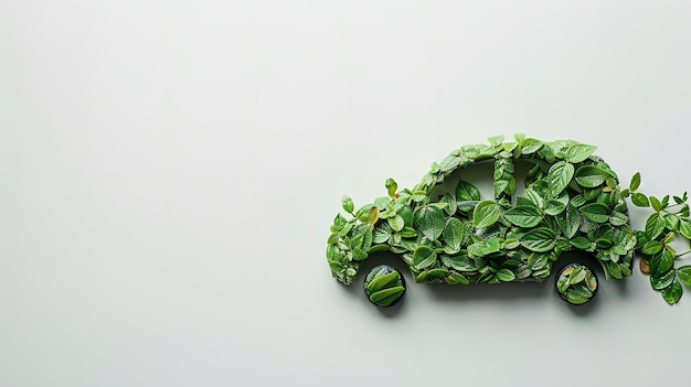 텍스트 또는 제품 광고를 위해 큰 공간을 가진 깨한 표면에서 녹색 잎으로 만들어진 친환경 자동차의 상단 뷰