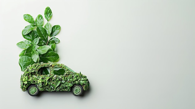 Foto vista superiore di un'auto eco-friendly realizzata con foglie verdi in una superficie pulita con un grande spazio per il testo o la pubblicità del prodotto generative ai