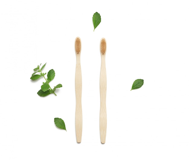 Top view of eco wooden toothbrushes isolated