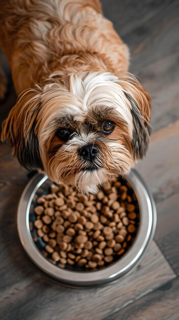 top view Een aandachtige shih tzu kijkt verwachtend