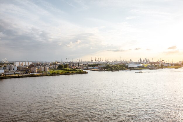 Top view on Elbe river with huge port of Hamburg city in Germany